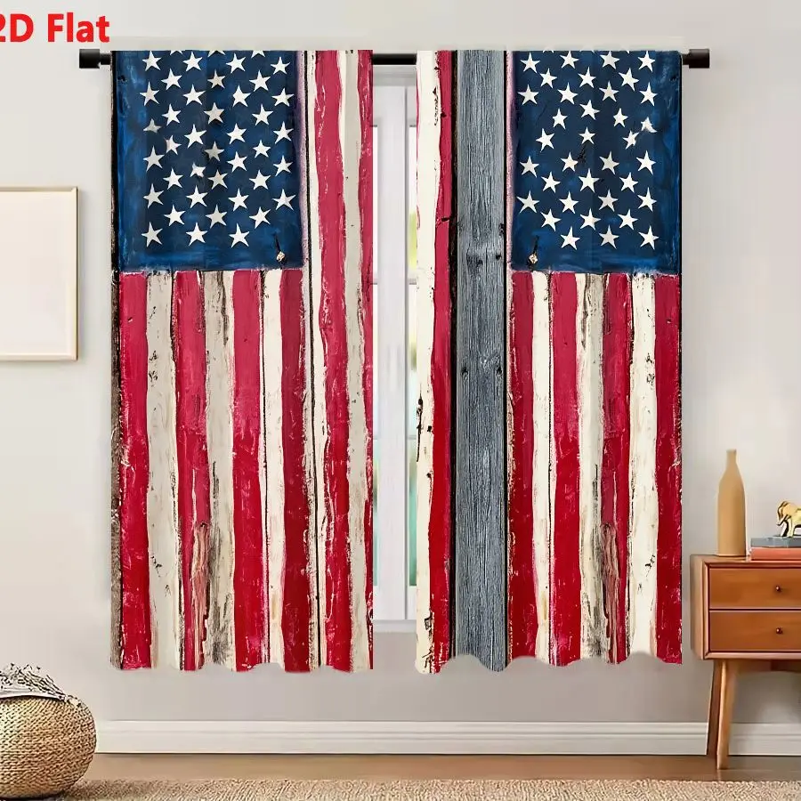 2Pcs Curtains 2D Flat American Flag On Rustic Weathered Wooden Planks With Vintage Distressed Aesthetic Window Drapes for Bedroo