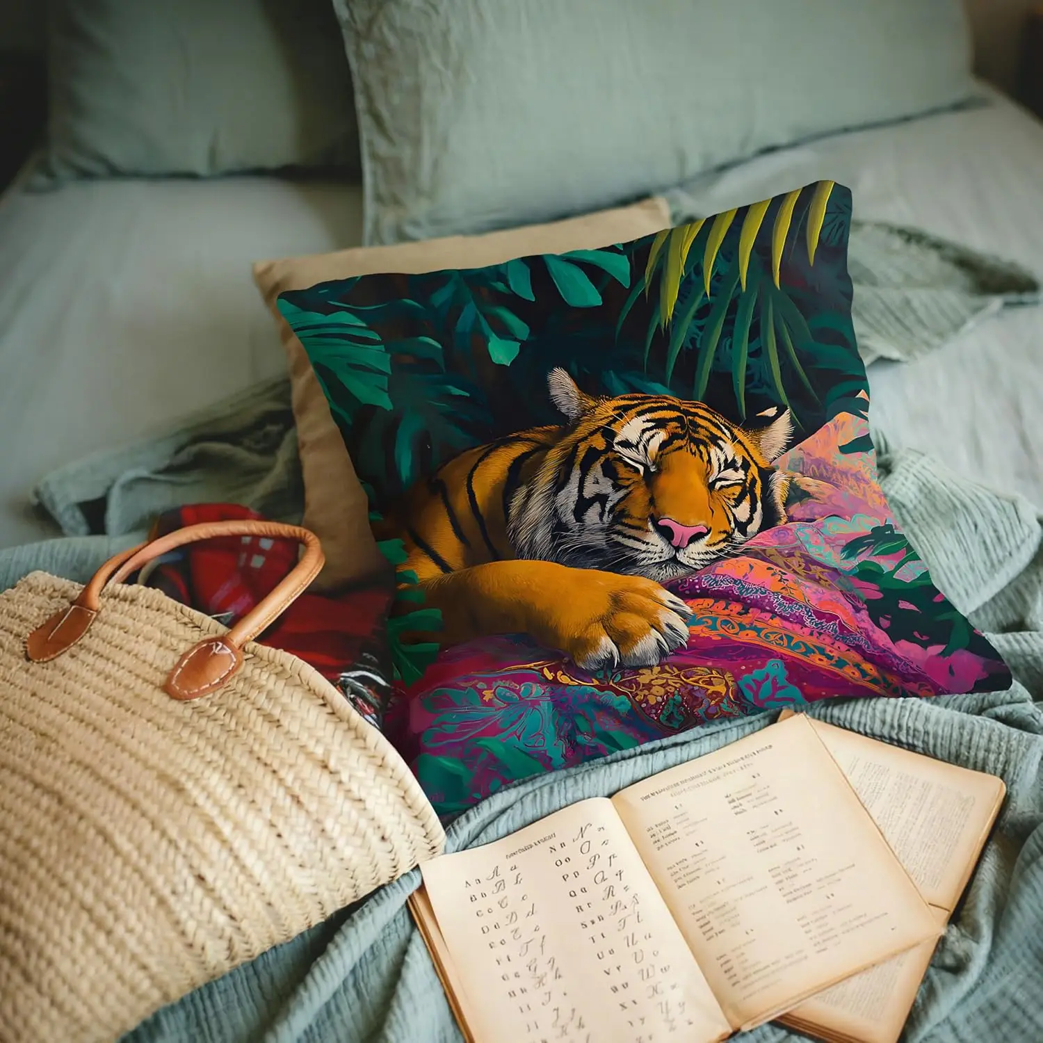 1pcsBoho Tiger Pillow Covers 18x18, Tiger Home Decor, Colorful Eclectic Tropical Jungle Animal Decorative Throw Pillow Covers