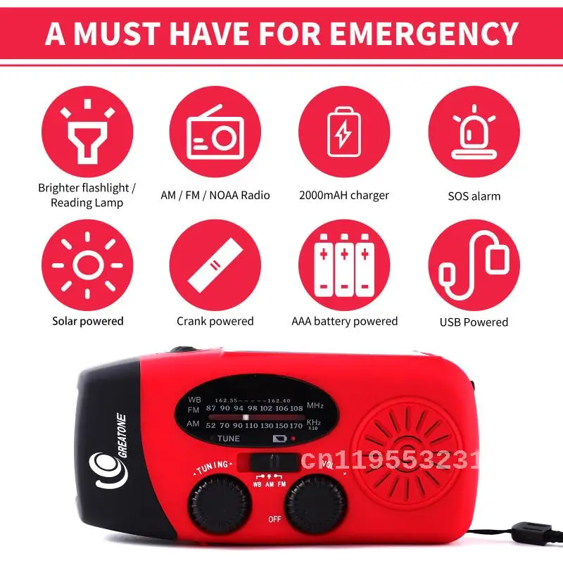 High quality 2000mAh rechargeable USB disaster prevention emergency radio wholesale solar powered hand cranked emergency radio