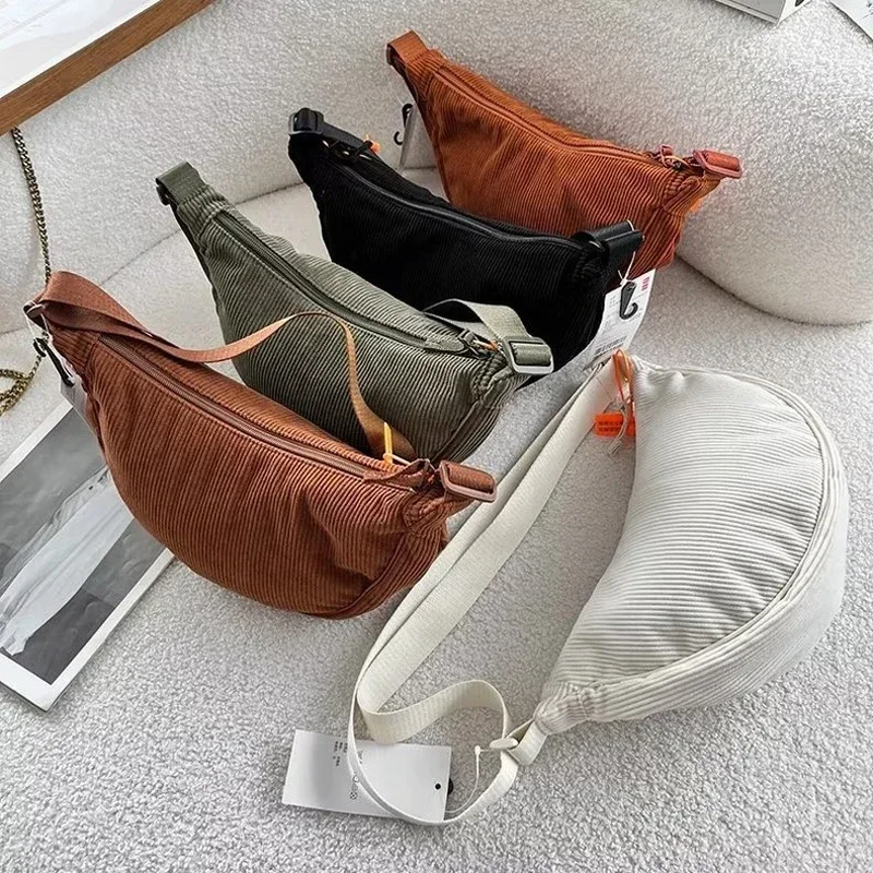

Simple Zipper Women Crossbody Shoulder Bag Striped Corduroy Bags Eco Cloth Purse Solid Handbags for College Girls Dropshipping