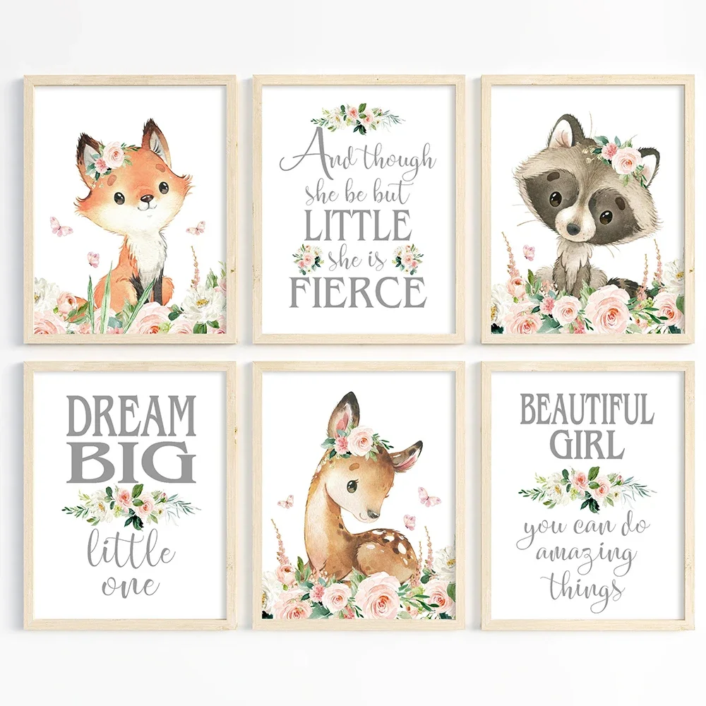 6Pcs Woodland Animal Prints Canvas Painting Nursery Wall Art Decor Forest Animal Posters Boy Girl Room Bedroom Decotation Gifts