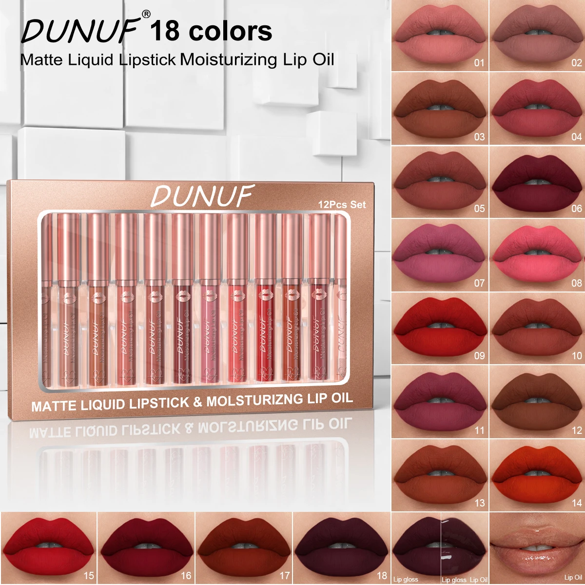 DUNUF 12 Pcs Matte Lipstick Lip Gloss Waterproof Long-lasting Easy Coloring Beginner Friendly Non-stick Cup Shape Non-fading Moi