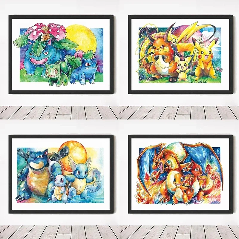 

New Watercolor Pokemon Canvas Painting Cute Pikachu Squirtle Bulbasaur Charizad Poster Wall Art Prints Living Room Decor Gift