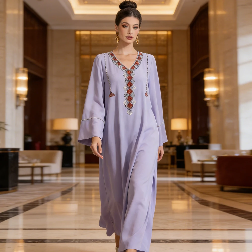 

Ramadan Purple Abayas for Women Dubai Diamonds Jalabiya Muslim Dress Eid Djellaba Femme Musulmane Robe Islam Clothing Kaftan New
