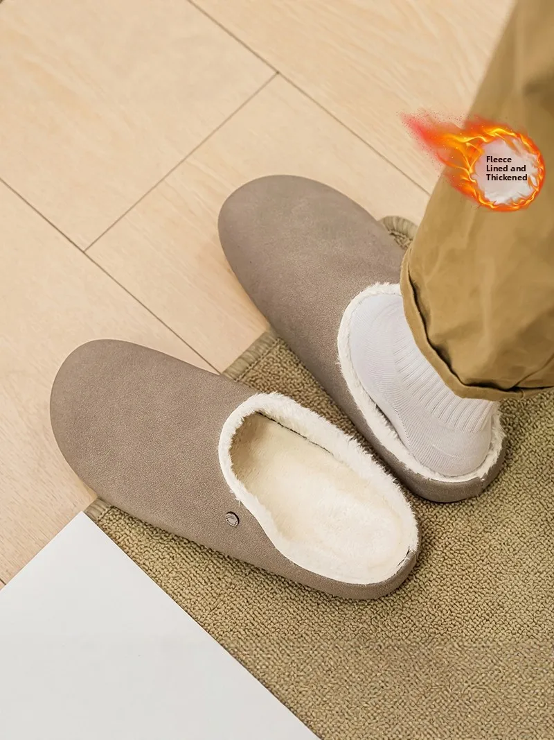 

Men's Cotton Slippers Winter Warmth Fleece Indoor Home Slippers Casual Half Slippers Leather Inner Flat Heel Shoes
