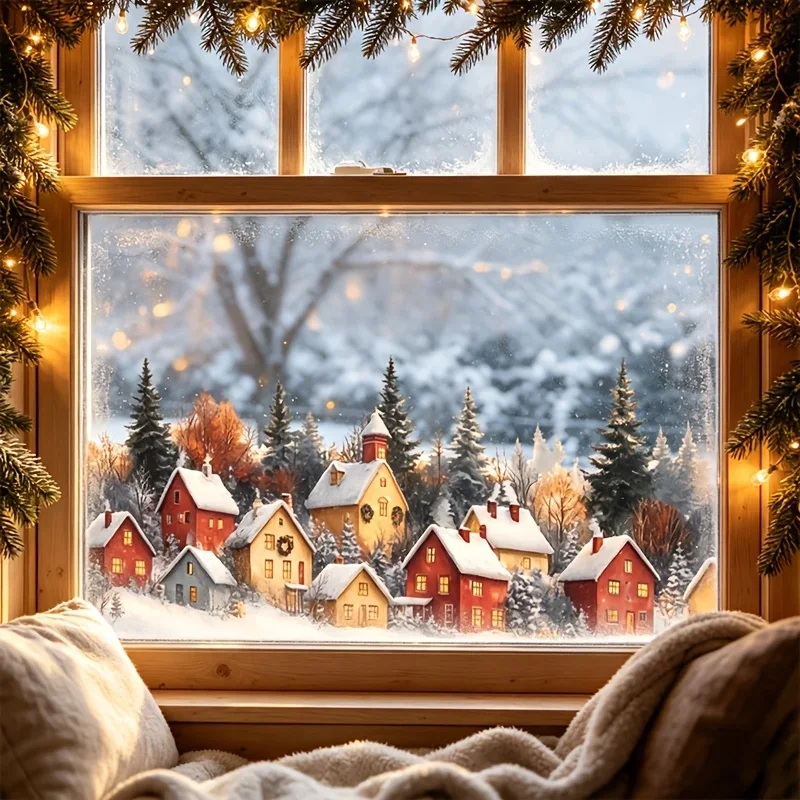 Snowy Winter Christmas Village House Glass Sticker, Xmas Snow Town Window Decal, Removable PVC Festive Art Decor, Window Film