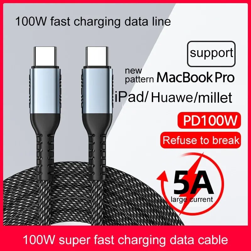 100W Type-C To Type C Cable USBC PD Fast Charging Charger Cord USB-C 5A TypeC Cable 2M For Macbook Samsung Xiaomi POCO