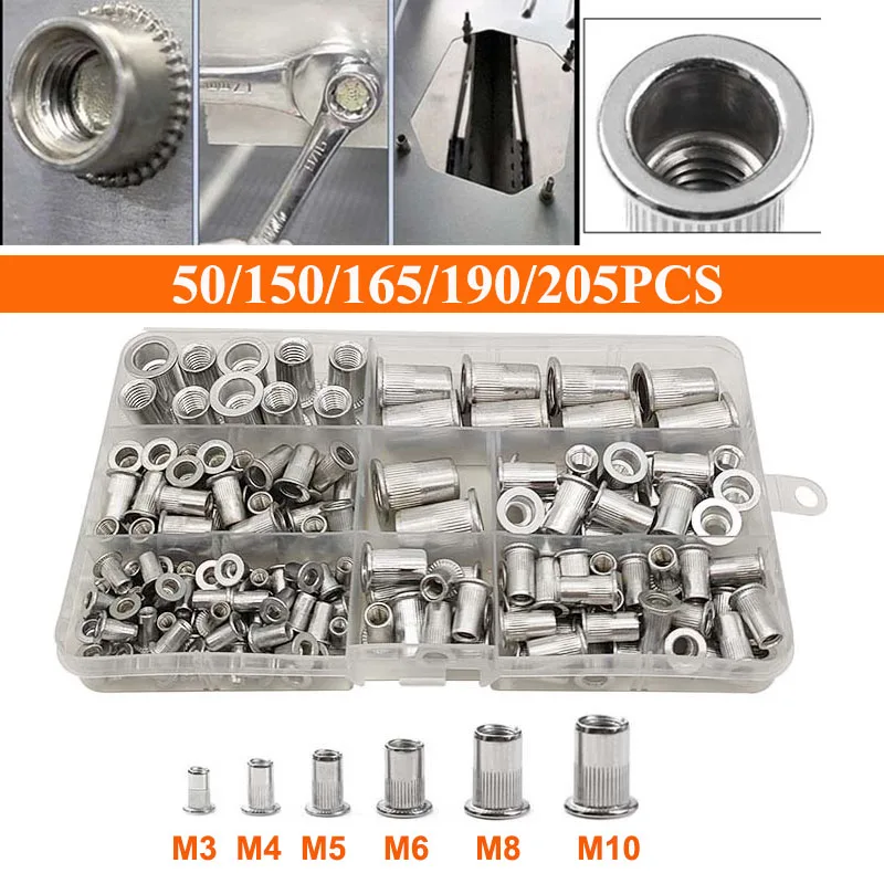 

M3 M4 M5 M6 M8 M10 Rivet Nuts Assortment Kit Aluminum Flat Head Thread Insert Rivet Nuts Set 50/150/165/190/205pcs Mix Size