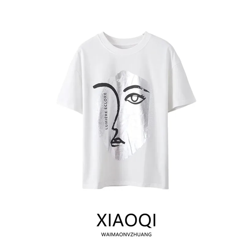 

Лето 2025: Женская повседневная футболка с круглым вырезом и коротким рукавом, с принтом лица, универсальный креативный дизайн, свободный крой, для города