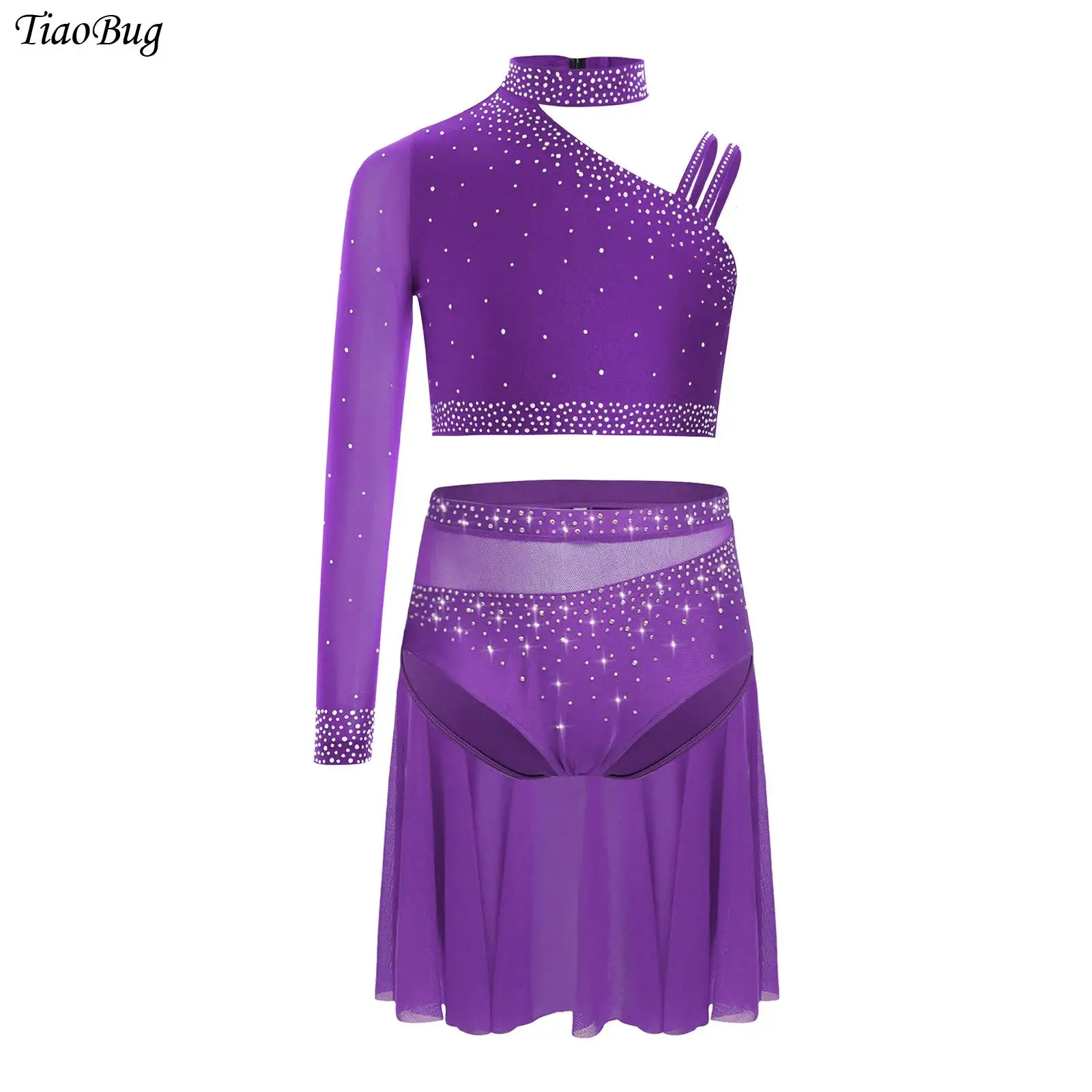 

Kids Girls Lyrical Dance Outfit Figure Skating Dress Sparkly Rhinestones Unique Irregular Shoulder Crop Top + Sheer Mesh Skirt