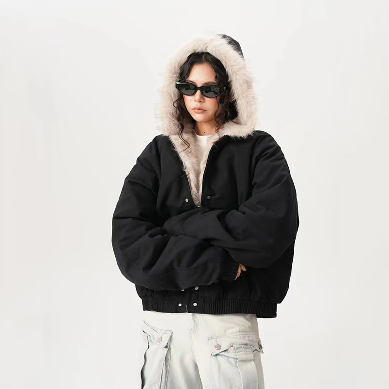 Winter Warm Fuax Fur Jacket Women Y2K Fashion Streetwear Loose Casual Plush Coats Bf American All Match Hooded Outwear New