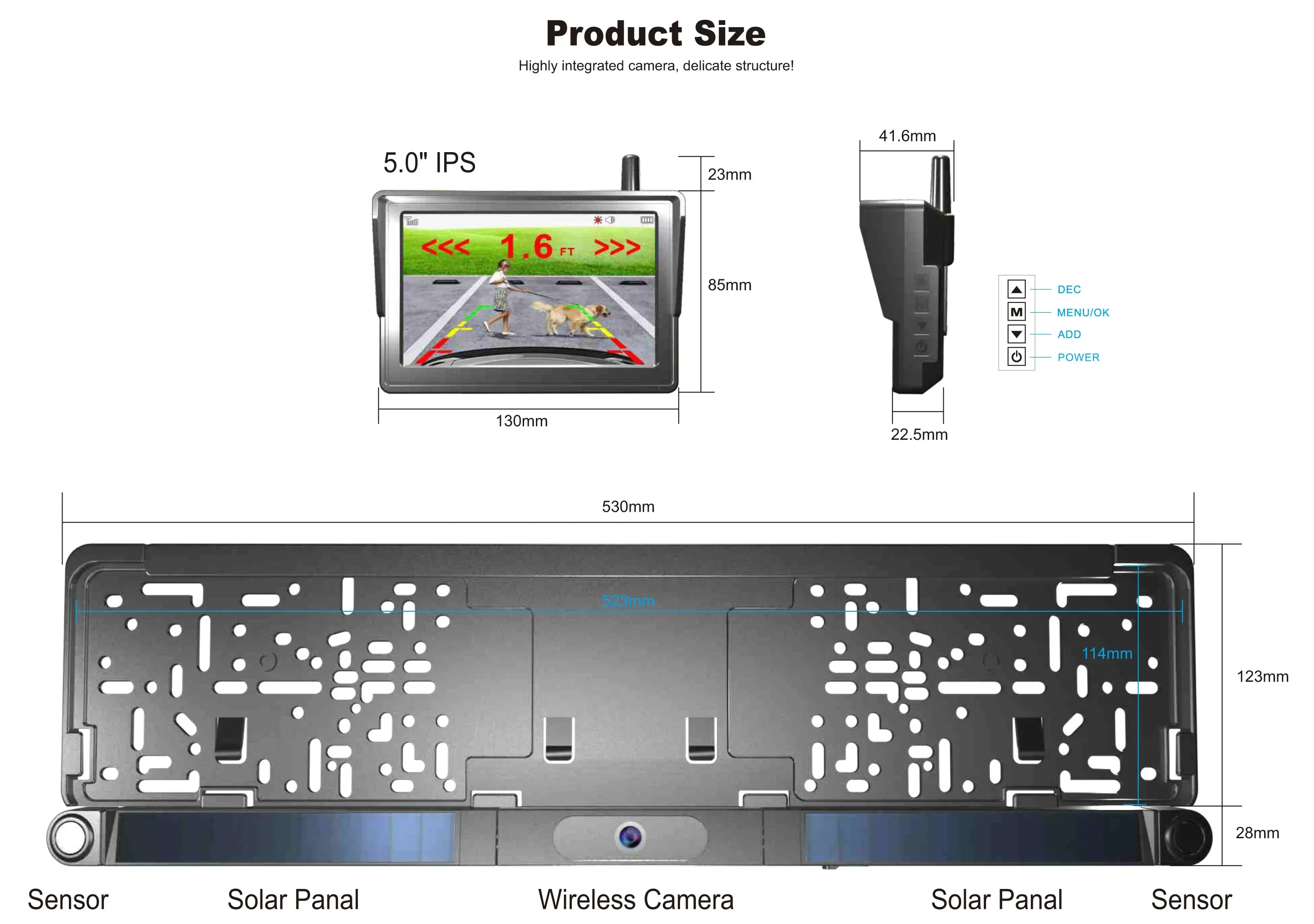 Car Reversing Aid 5 inch Solar Digital Wireless European license rear view camer with ultrasonic parking sensors