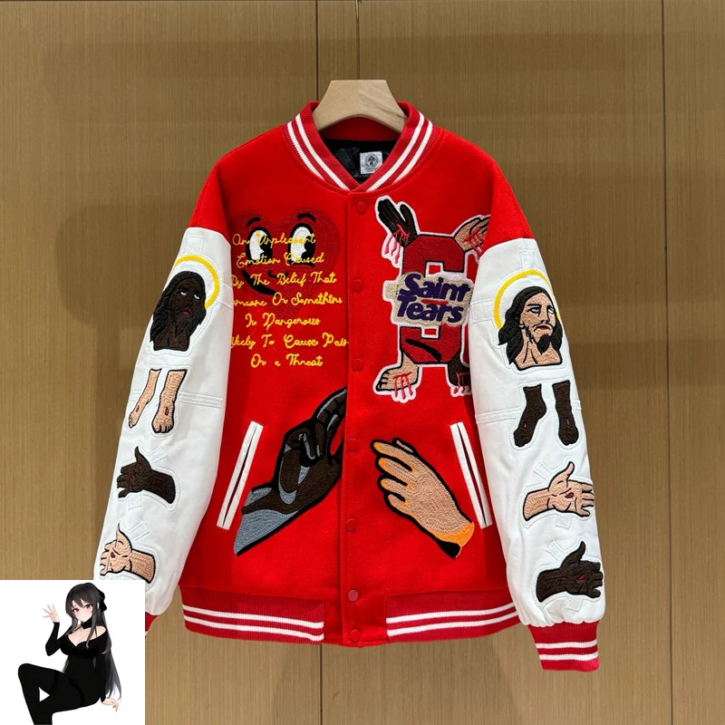 Patchwork Red Saint Zipper Baseball Jackets Men Women Best Quality Towel Embroidery Jesun Badge Casual Jacket Coat