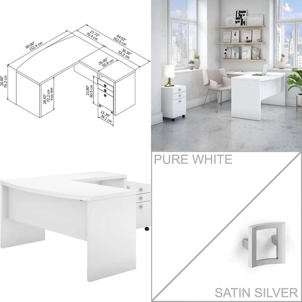 

Элегантный белый L-образный стол с банкеткой и мобильным файловым шкафом для домашнего или профессионального офиса руководителя