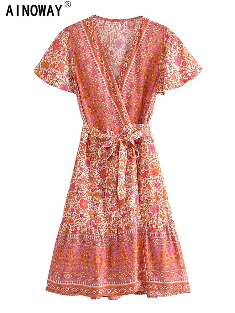 Vintage Chic Women Pink Floral Print Beachwear Bohemian Mini Dress Lady Short Sleeve Rayon Boho Wrap Dresses Vestidos