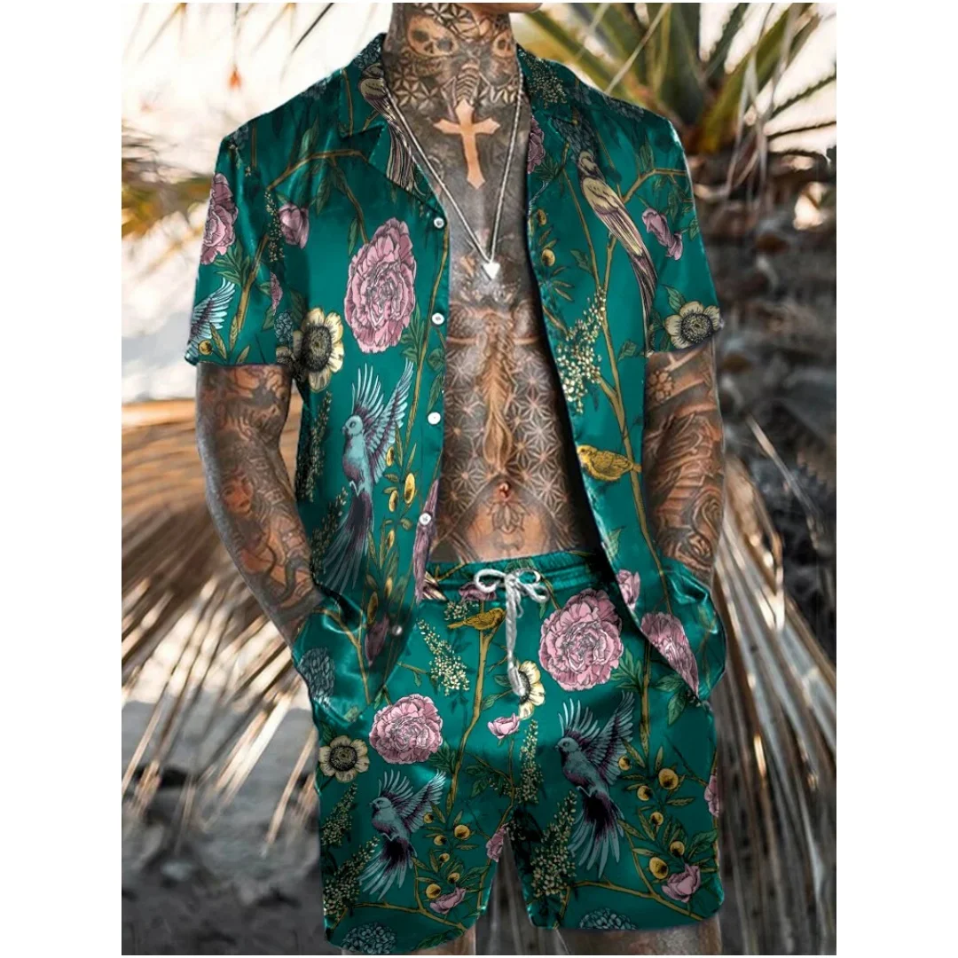 Men's Shirt Set 3D Printed Ethnic Style Retro Flower Short Sleeved Beach Shorts Casual Hawaiian 2 piece Set Street Wear Summer