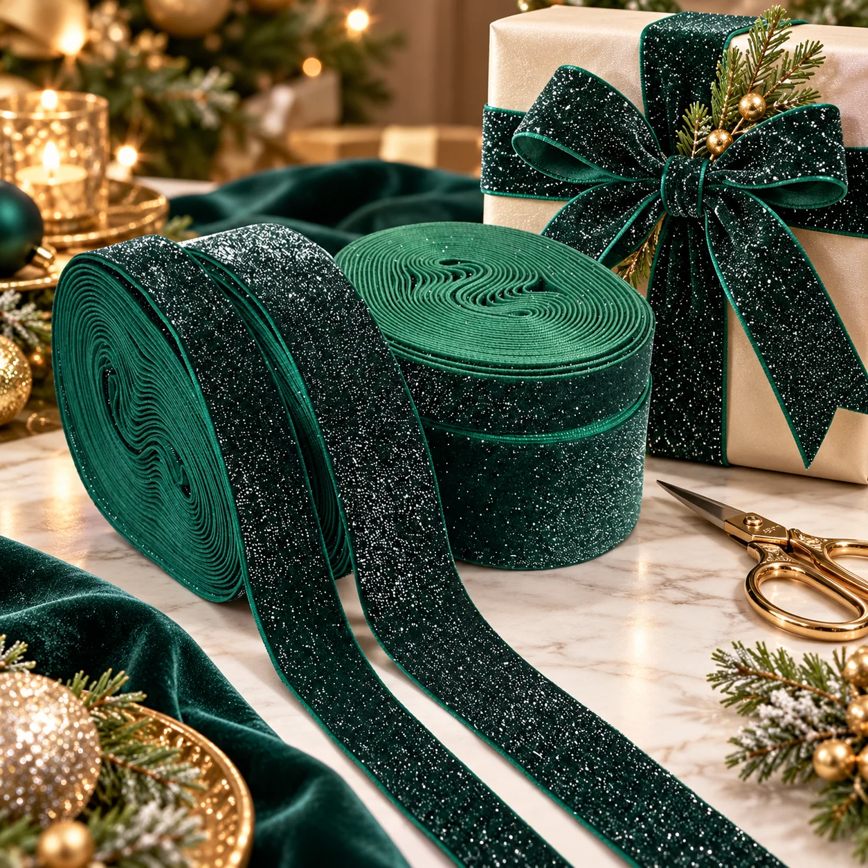 Dark Green Glitter Velvet Ribbon, Sparkly Fabric Ribbon for Gift Wrapping Hair Bow Wedding Christmas Party DIY Craft Decoration