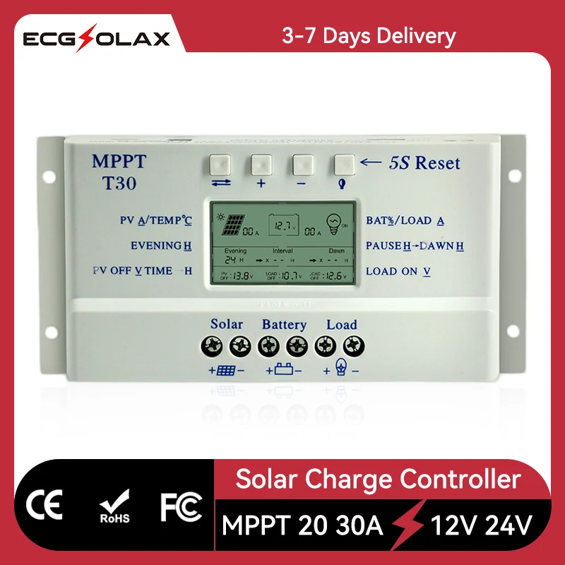 

ECGSOLAX MPPT 20A 30A Контроллер заряда солнечной батареи 12 В 24 В Автоматический ЖК-дисплей PV-регулятор Двойное управление таймером для системы солнечного освещения