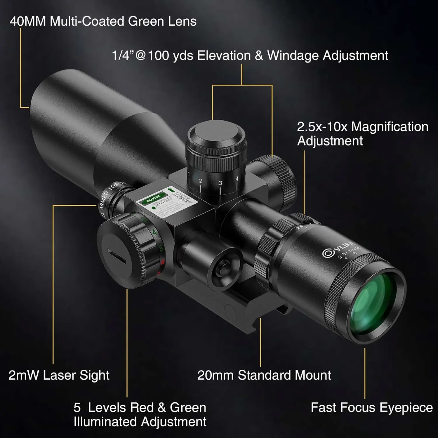 2.5-10x40e Red & Green Illuminated Scope with 20mm Mount