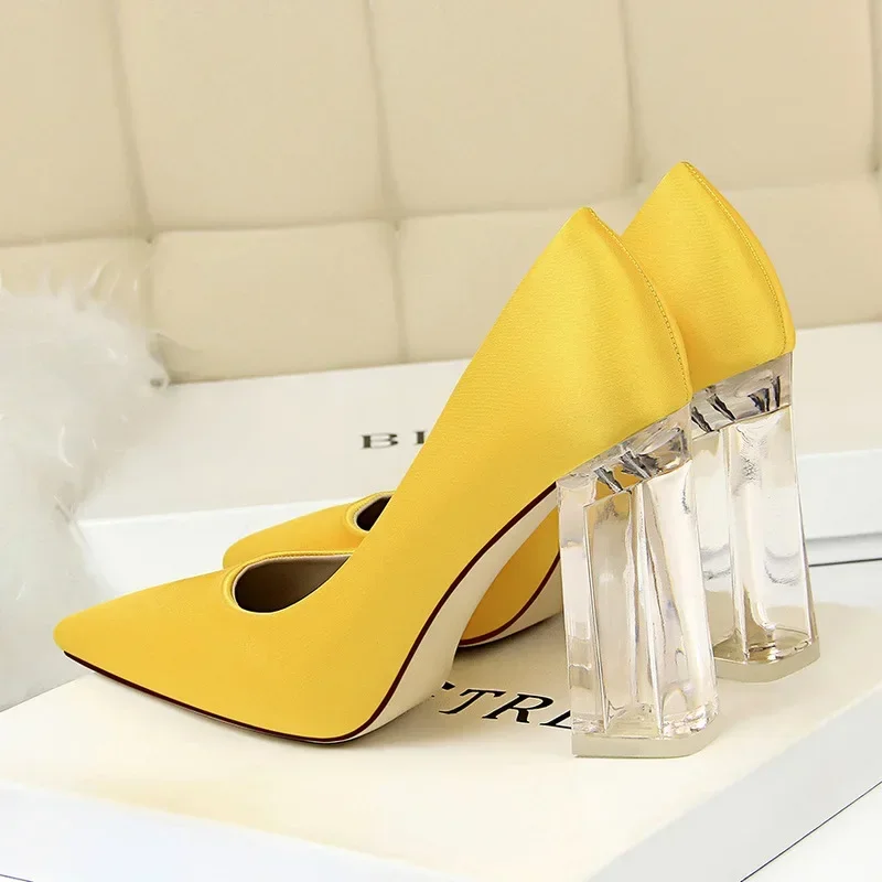 2024 Plus Size 43 Women Block 10cm High Heels Lady Scarpins Green Satin Pumps Female Wedding Yellow Blue Silk Transparent Shoes