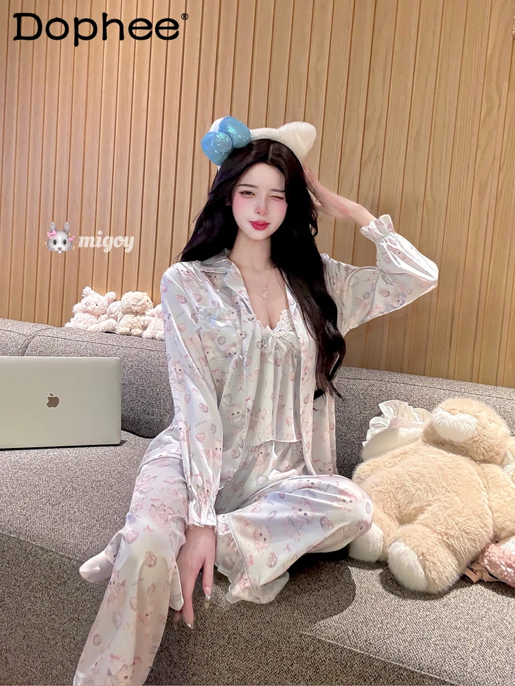 

2025 New Four-piece Summer Sweet Girl Loungewear Set with Chest Pad Ice Silk Loose Casual Cool Suspender Pajamas