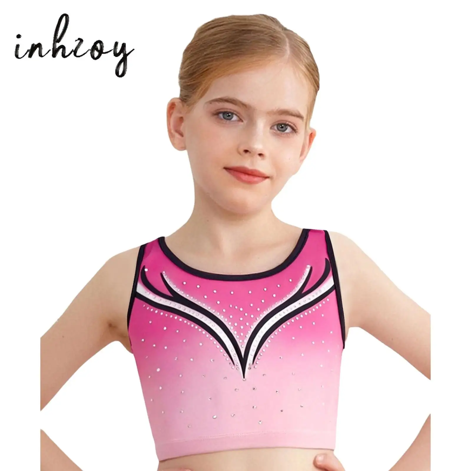 

Kids Girls Gymnastics Ballet Dance Crop Top Figure Skating Vest Round Neck Sleeveless Sparkling Rhinestones Gradient Tank Top