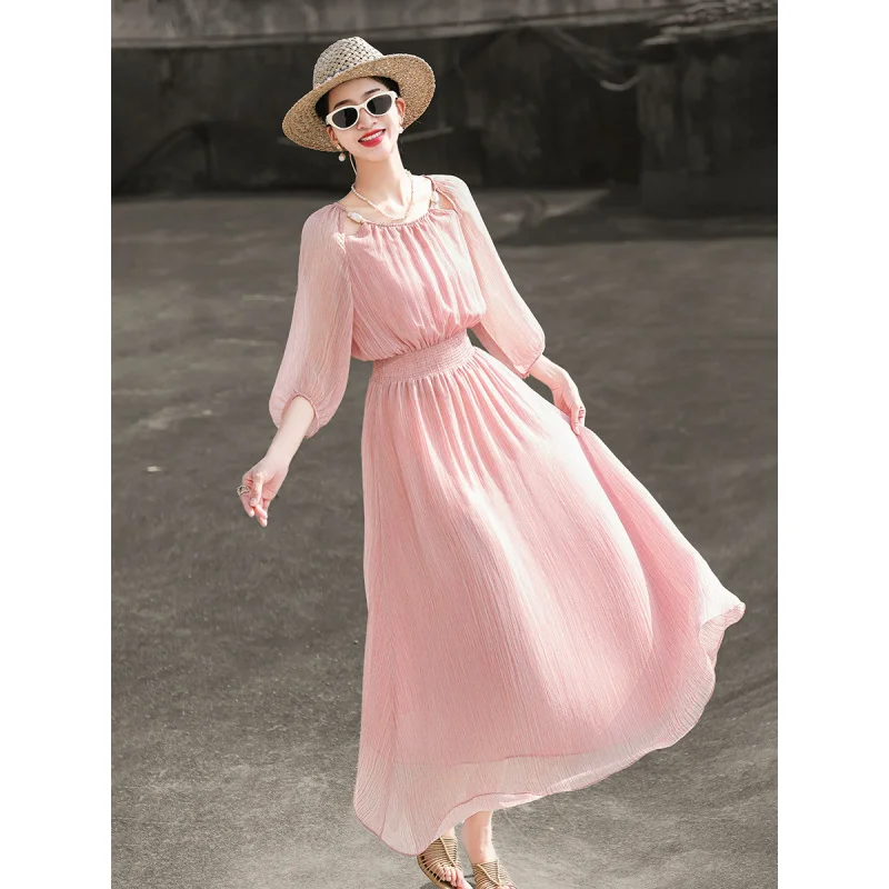 MEXCOCO 2026 Summer New Vacation Maxi Dress Cold Shoulder 3/4 Puff Sleeve Smocked Waist Textured Chiffon Flowy Long Dress