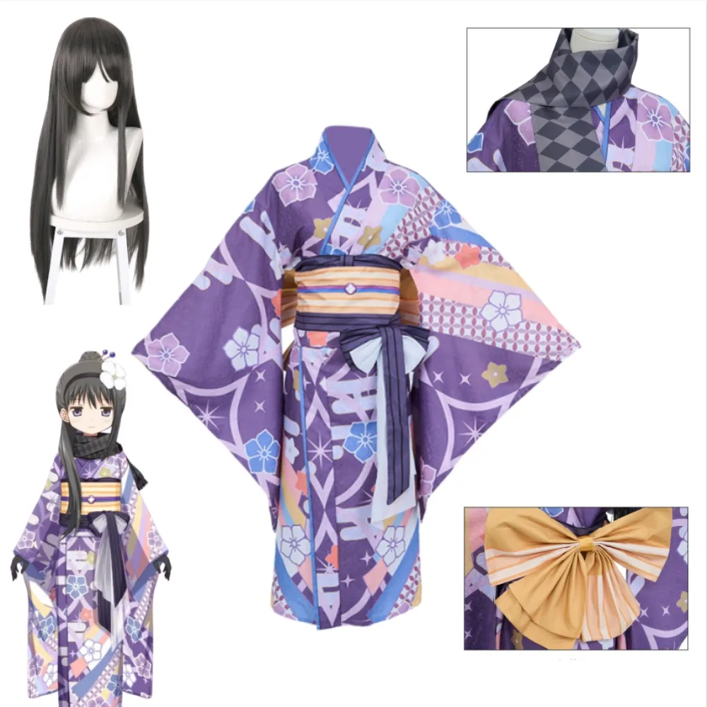 

Puella Magi Madoka Magica Homura Akemi Cosplay Costume Cute Floral Purple Kimono Yukata Adult Women Halloween Comic Con Outfit
