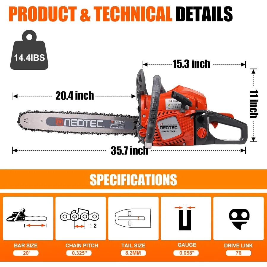 Piła łańcuchowa spalinowa 62CC, 2-suwowa, 20-calowa, ręczna, bezprzewodowa, benzynowa, do czyszczenia ogrodu po burze, cięcia drzew, drewna, drewna opałowego.