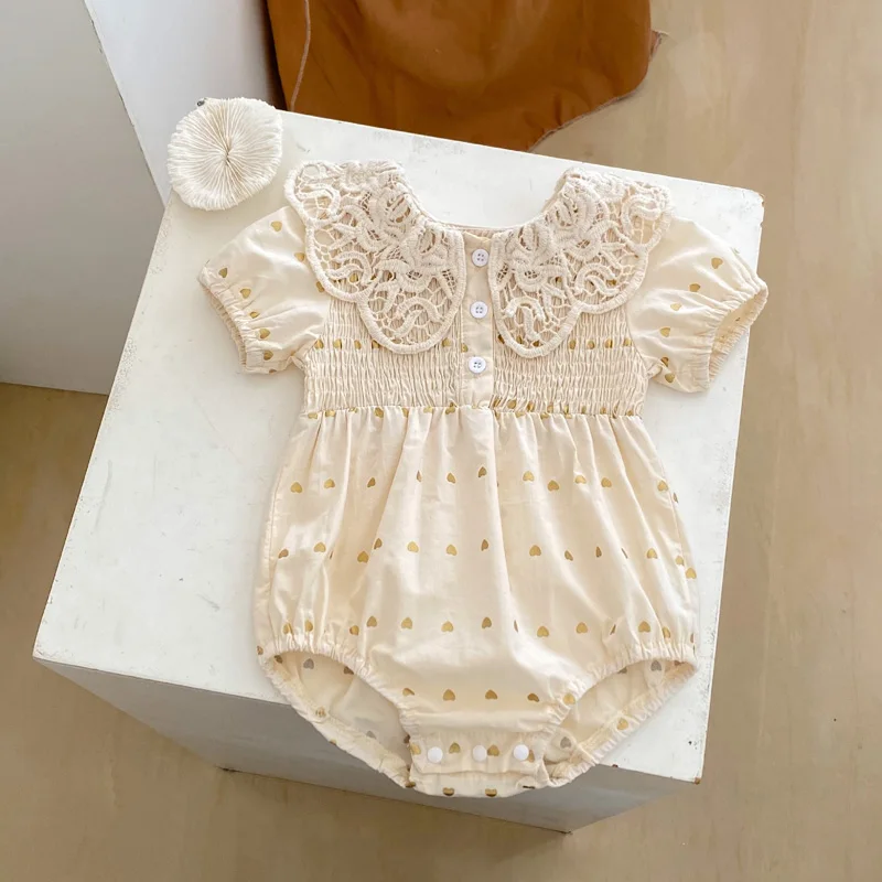 

Summer new baby clothes for 0-3 years old, baby and girl big lace lapel love print short-sleeved jumpsuit
