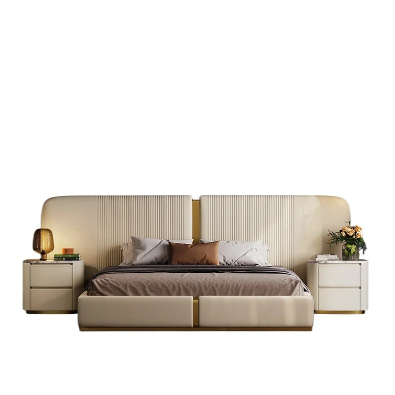 

Кожаная мягкая кровать на заказ, вилла премиум-класса, большая плоская ткань, двуспальная свадебная кровать для главной спальни