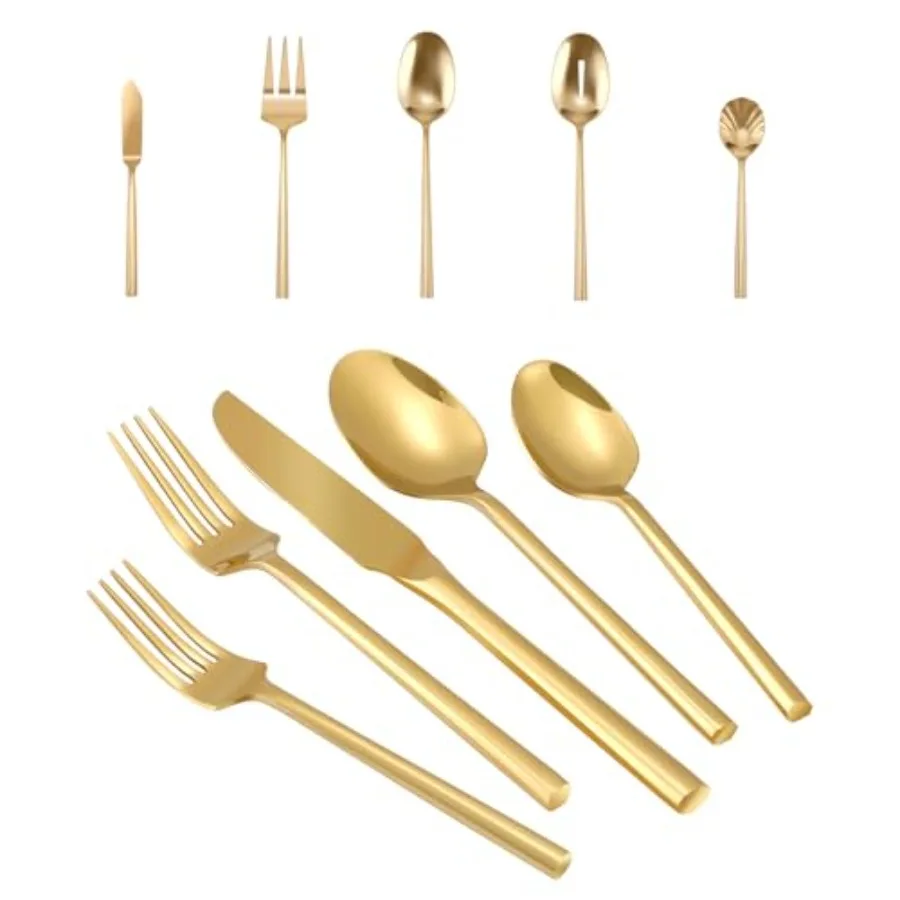 

45-Piece Gold Stainless Steel Flatware Set with Serving Utensils Heavy Mirror Polished Cutlery for Wedding Hotel Restaurant Ser