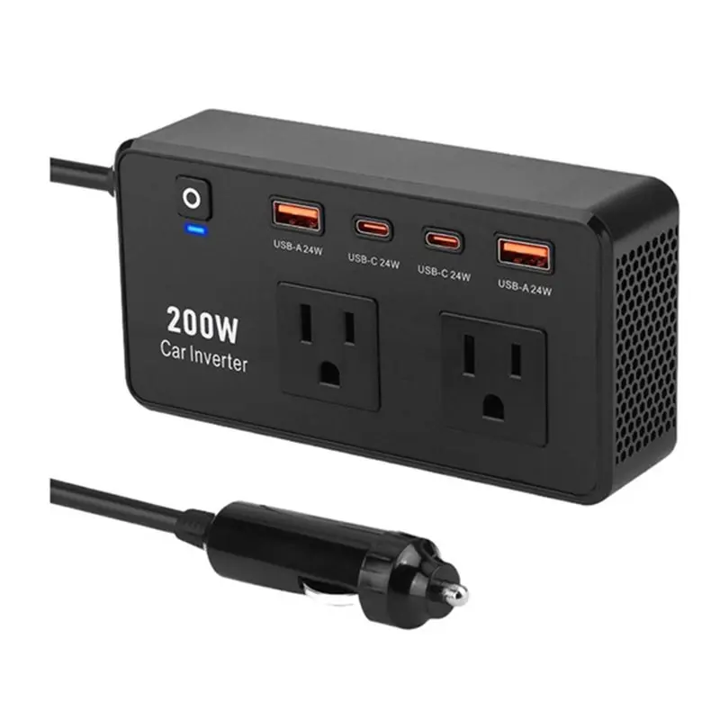 B63B-Dual US Plug 200W Car Inverter C-Port Fast Charging USB 110V Power Supply Plug-In For Vehicles Trip Essentials