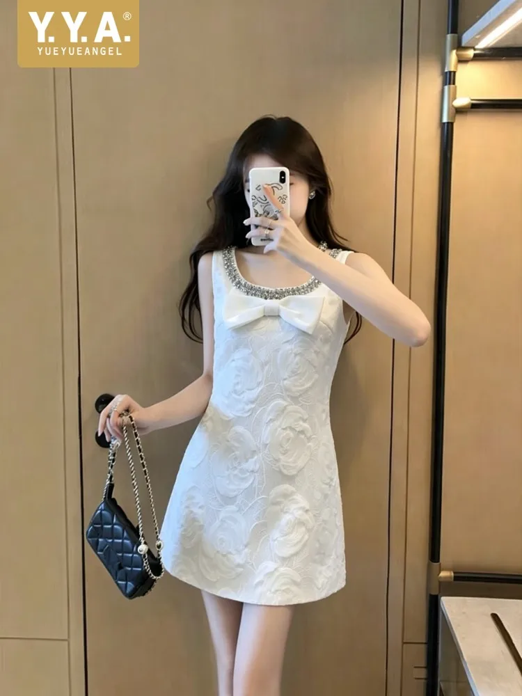 

New Summer Womens Diamonds O Neck Sleeveless Above Knee Length Dress Elegant Bow Flower Sundress Fashion Slim Date Party Dresses