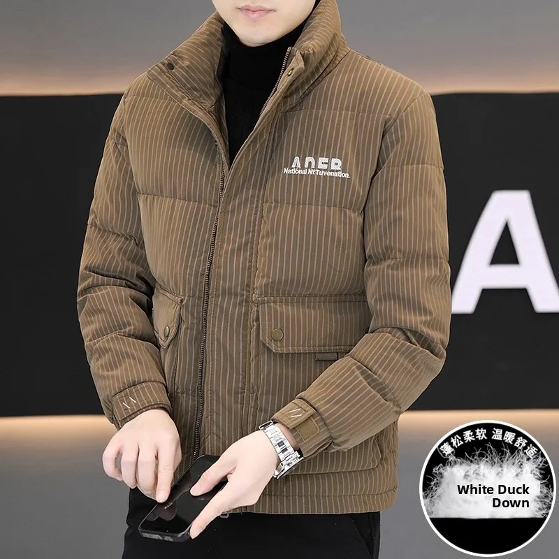 

Men's ort Du down Jaet Stripe Pattern Faionable Casual Thiened Warm Stand Collar Coat Sli Winter Outerwear