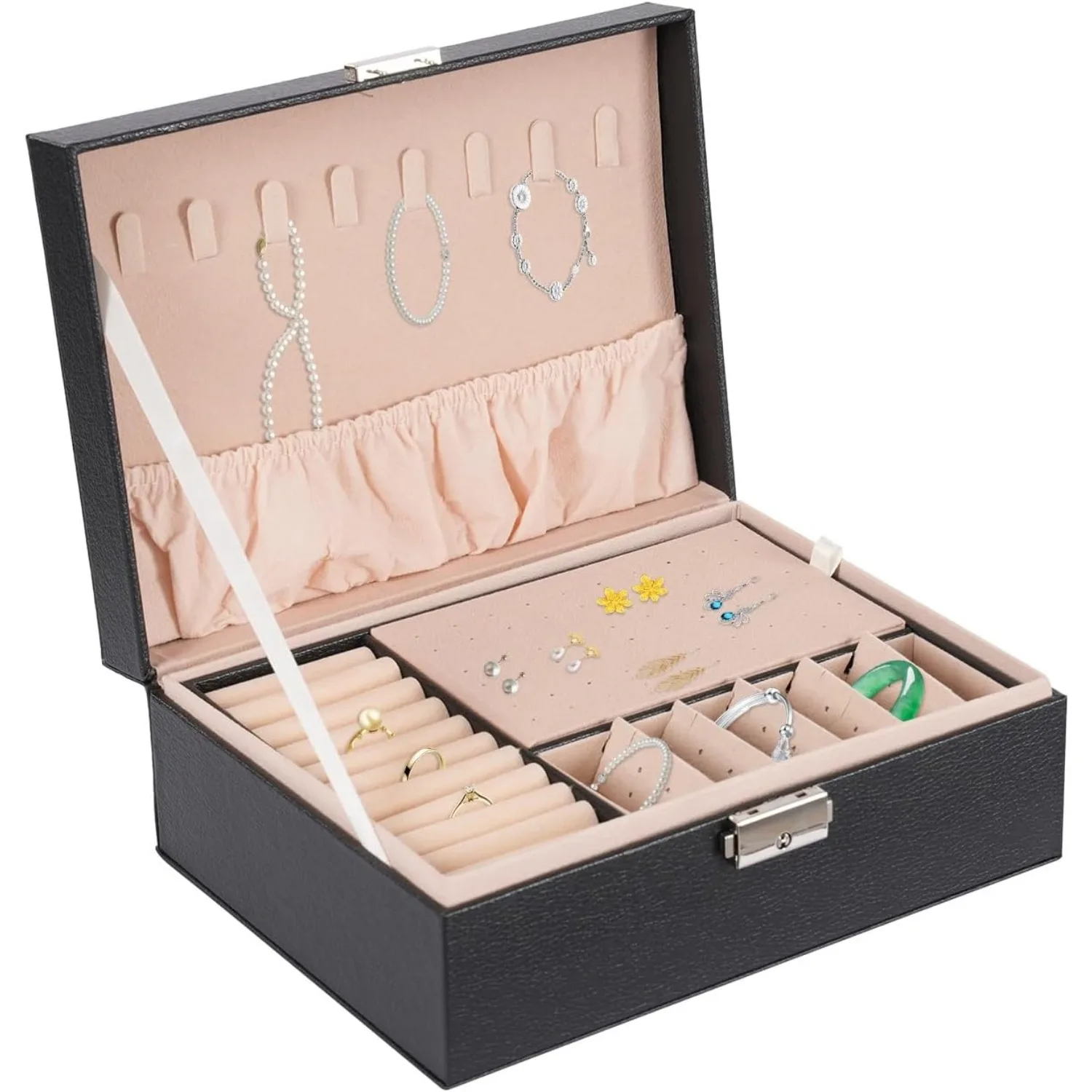 

2-слойный органайзер для шкатулки для драгоценностей из ПВХ с замком и ключом - черный дорожный футляр для хранения ювелирных изделий для женщин, водонепроницаемый компактный футляр для ювелирных изделий