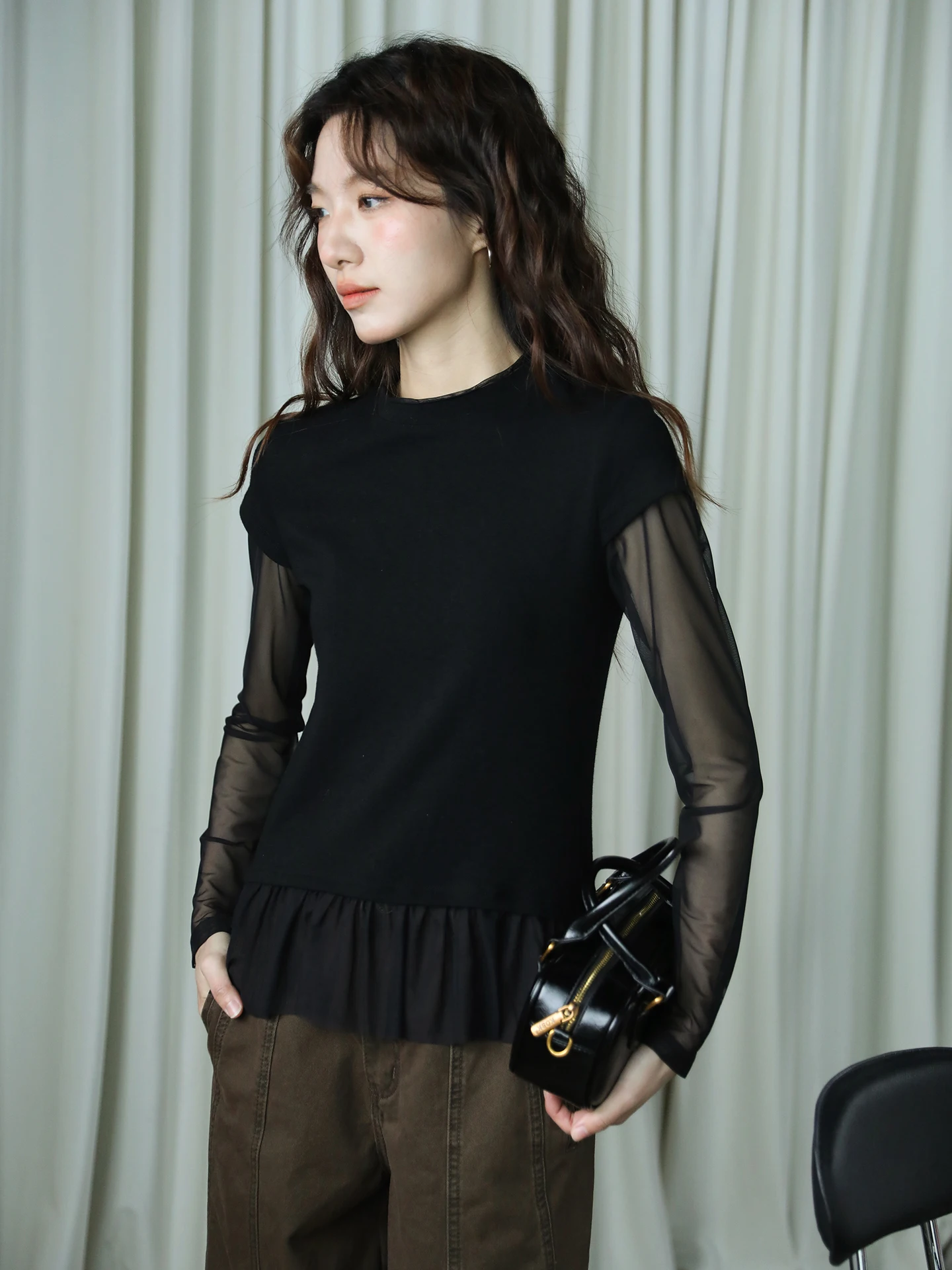 

Женский пуловер с длинным рукавом и круглым вырезом, облегающий, с черными вставками, простой дизайн, для ранней весны