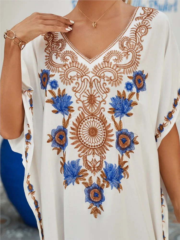 Fashion Embroidered Cover-up Dress V-neck Raglan Sleeves Beach Vacation Long Dresses For Women Swimsuit Sun Protection Clothing