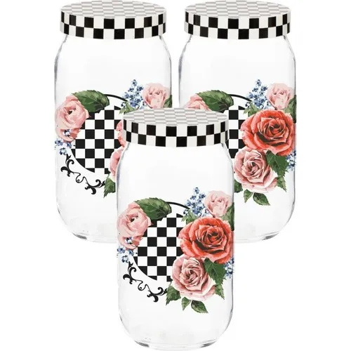 Herevin Triple 1000 cc Checkers With Rose Pattern Jar Set