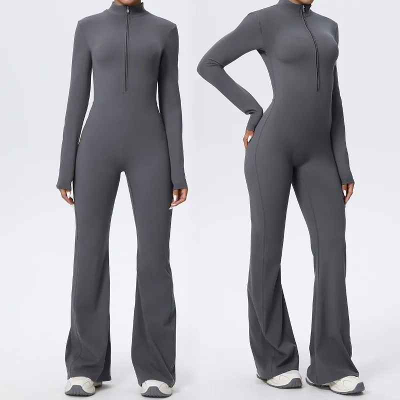 

Yoga Zipper Jumpsuit Fitness Sportswear Pilates Gym One Piece Women's Long Sleeved Loose Pants Hip Lifting Bodysuit