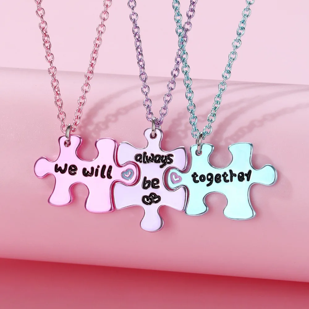 A Girl 3Pcs/set Multicolour Jigsaw Puzzle Letter Best Friend Necklace for Girls BFF Friendship Jewelry Gift
