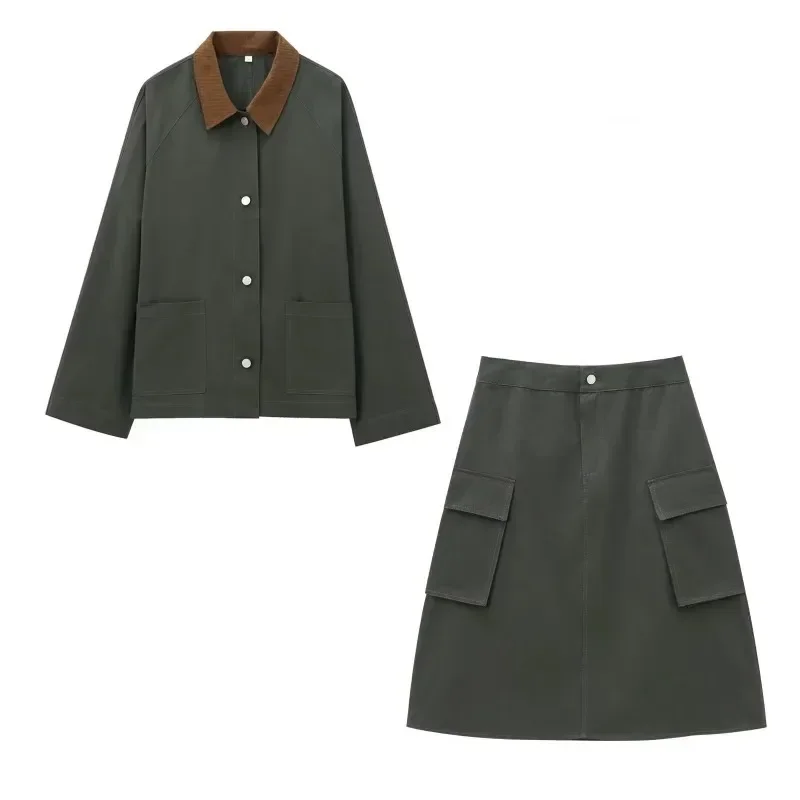 TRAFZR-Conjunto de faldas para mujer, dos piezas, informal, elegante, de manga larga, chaquetas para mujer, conjuntos de otoño para mujer, conjunto estilo Safari Vintage
