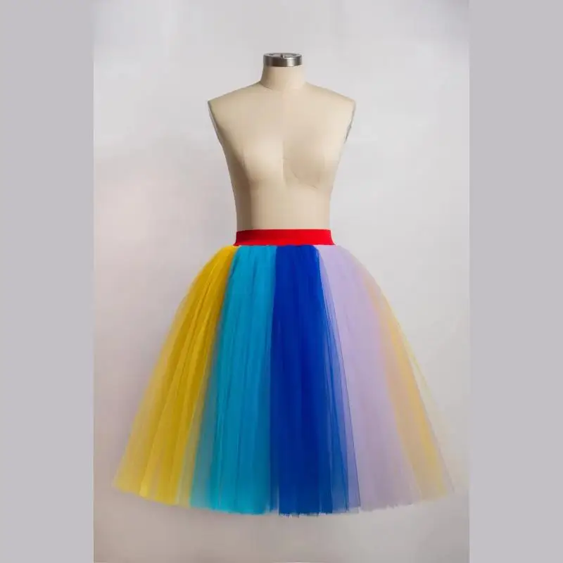 

2026 New Summer Half Skirts Layered Tulle Rainbow Tutu Skirts Colorful Elastic Waist Knee-Length Petticoat Carnival Party Slips