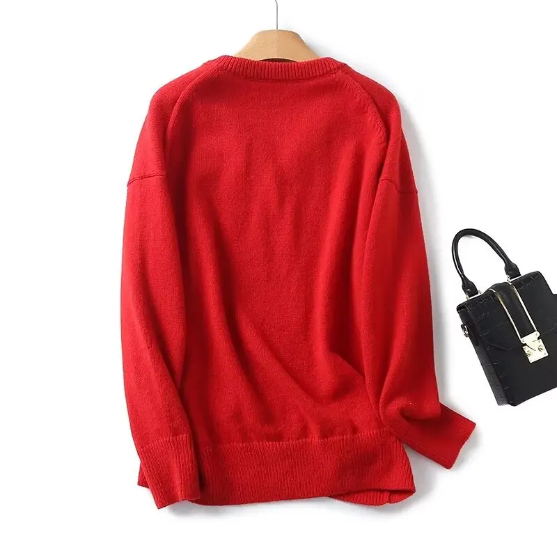 

Withered Winter Sweaters Women Red Color Fashion Ladies Loose Pullovers V-neck Tops England Women Casual Knitwear Sweaters