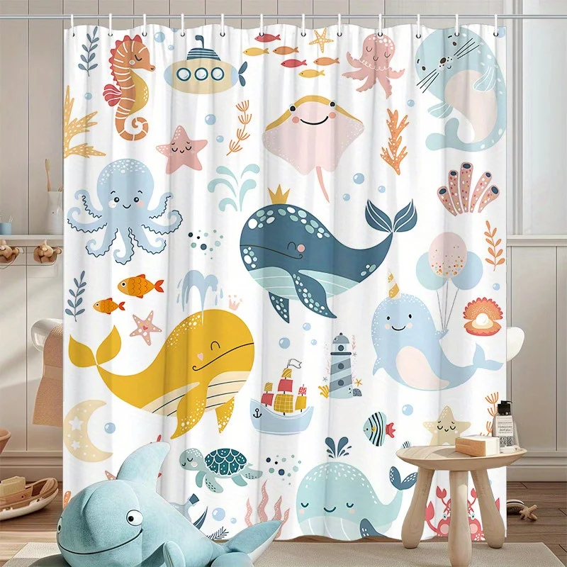 Cartoon Whale Sea Creature Shower Curtain, White Base Octopus Turtle Coral Print Waterproof Bath Curtain for Kids Bathroom Decor