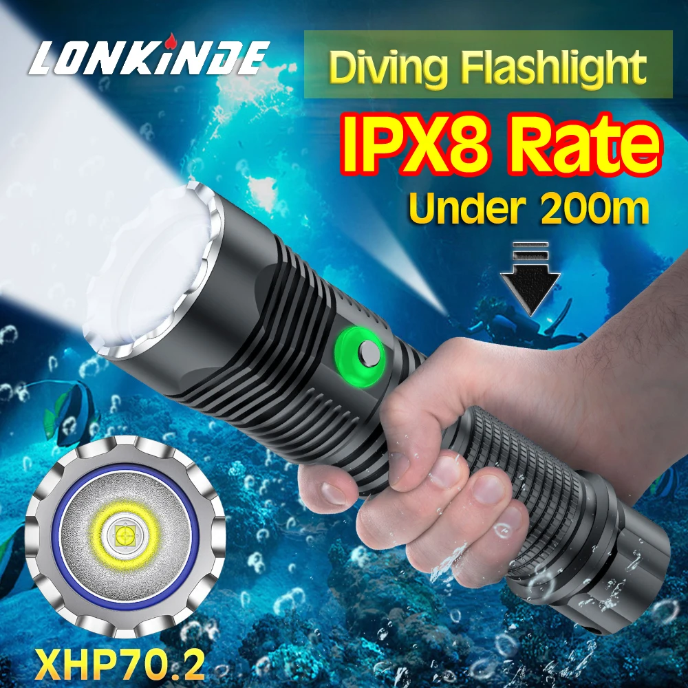 Professional IPX8 Spearfishing Hunting Scuba XHP70.2 LED Dive Light 10000LM Diving Flashlight 26650 Torch Underwater Flashlight