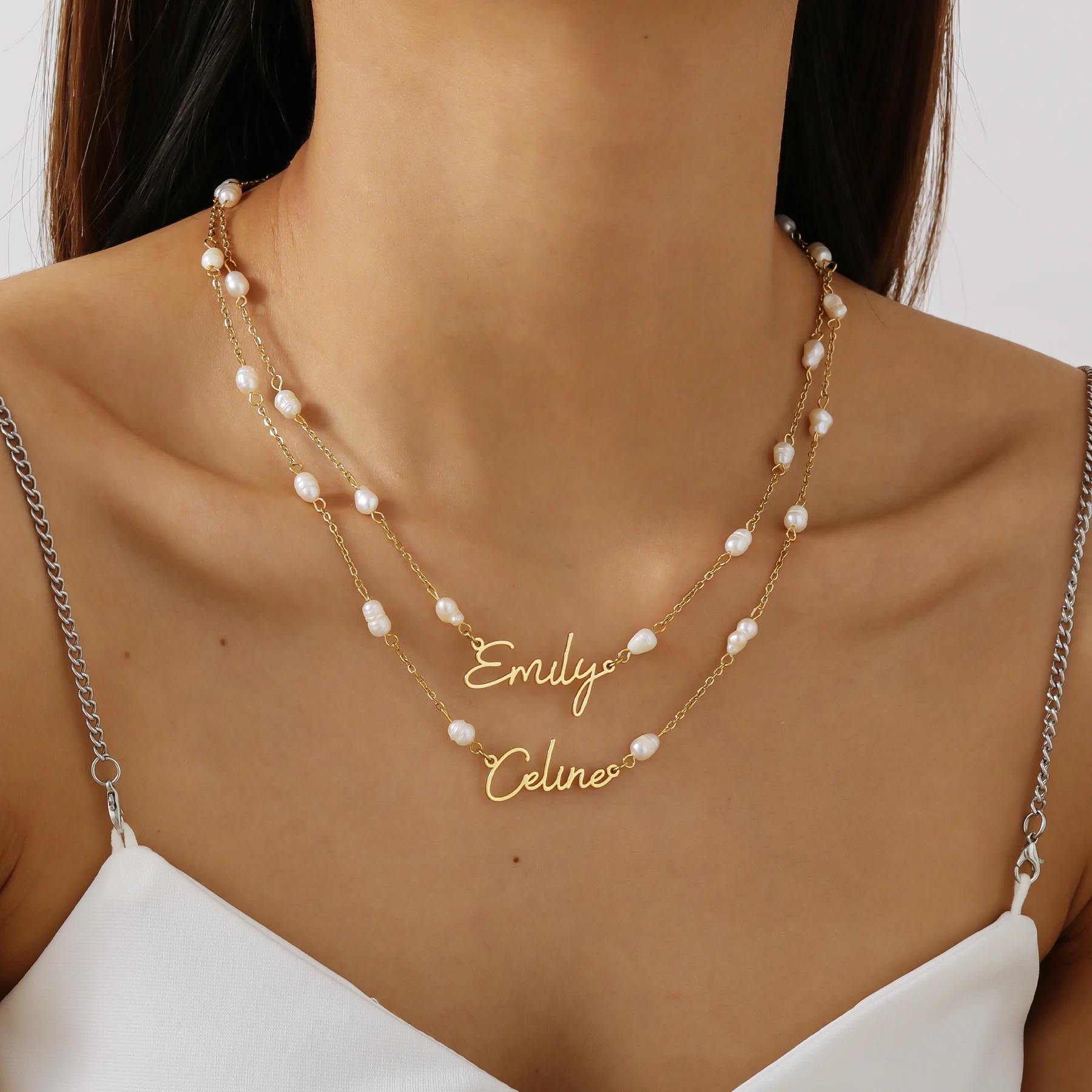 Customized Name Pearl Beaded Necklace Personalized Pearl Bracelets Stainless Steel Name Pendant Women Girls Jewelry Gifts