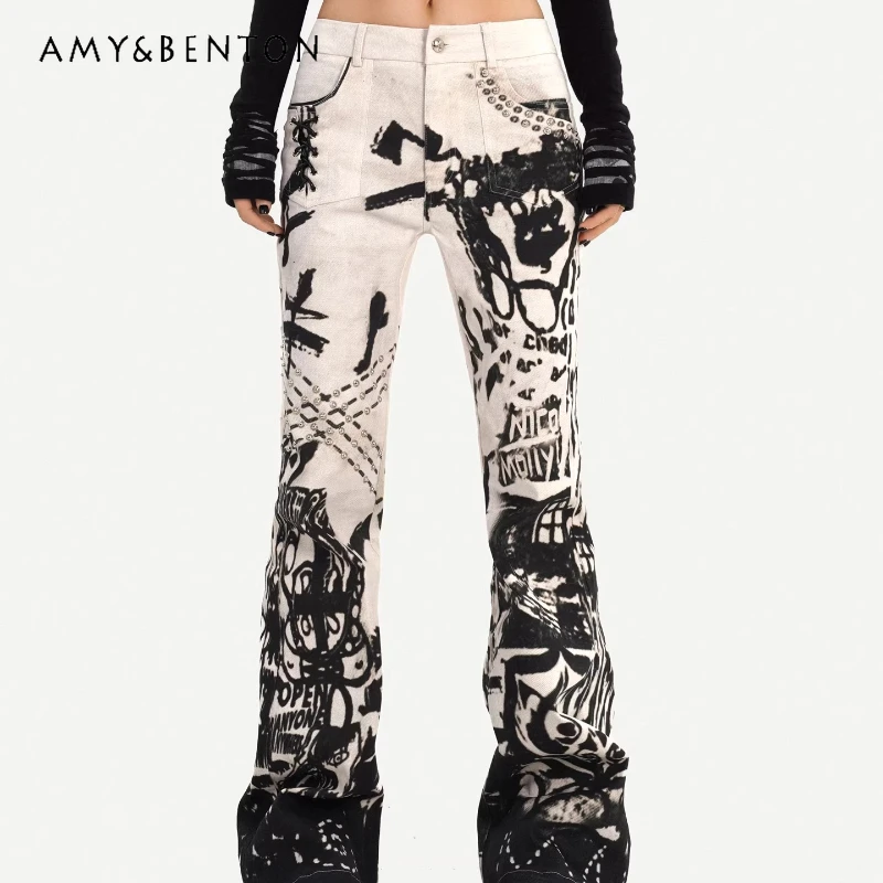 

Оригинальные женские джинсовые брюки в стиле ретро-панк с эффектом чернильной росписи, весна 2026, для субкультур, универсальные, для модных девушек, в стиле Sweet Cool Hot Girl
