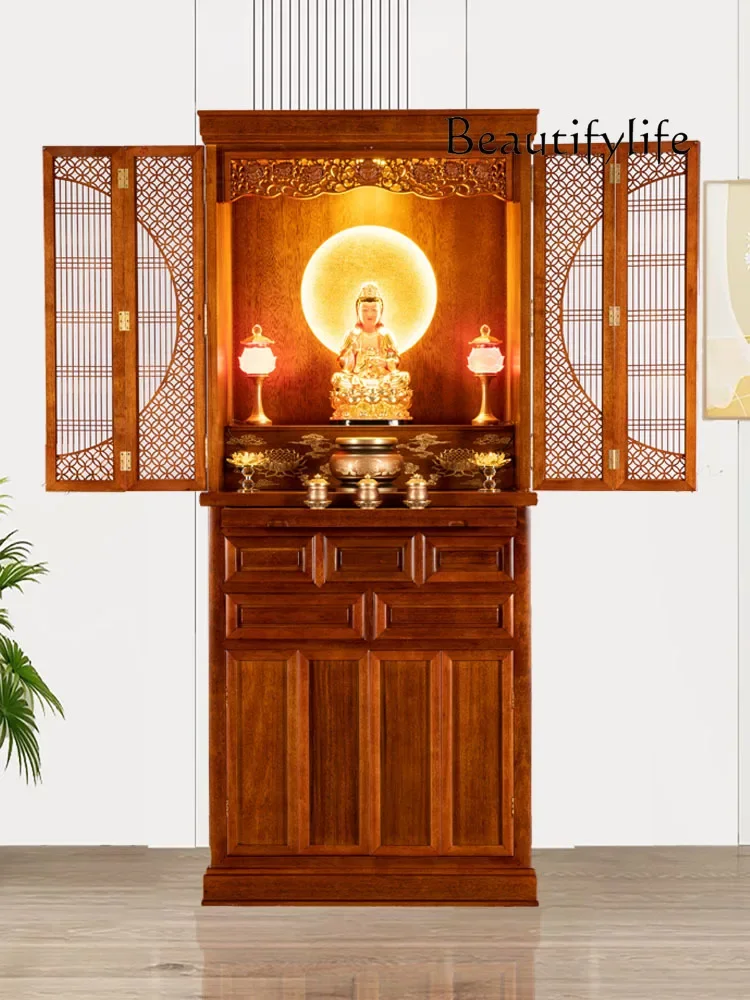 Solid Wood Buddha Niche with Door Minimalist Chinese Style Shrine Bodhisattva Offering Home Altar