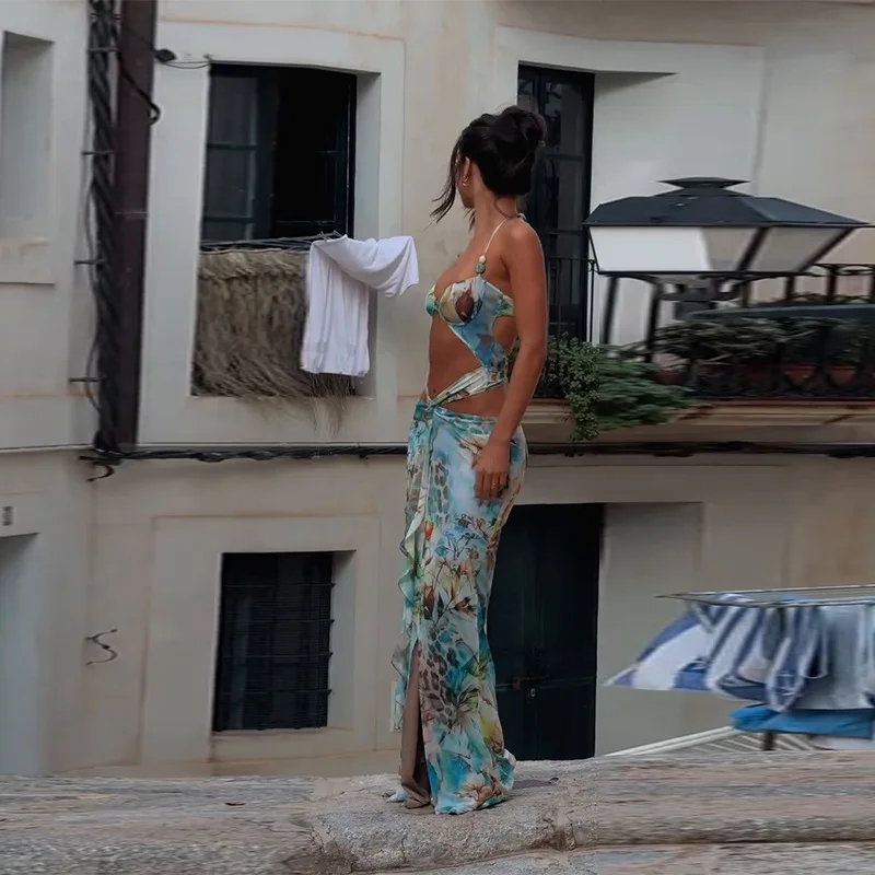 Dameskleding holle hete meid riem mouwloze sexy bedrukte jurk strand zomer slanke lange jurk